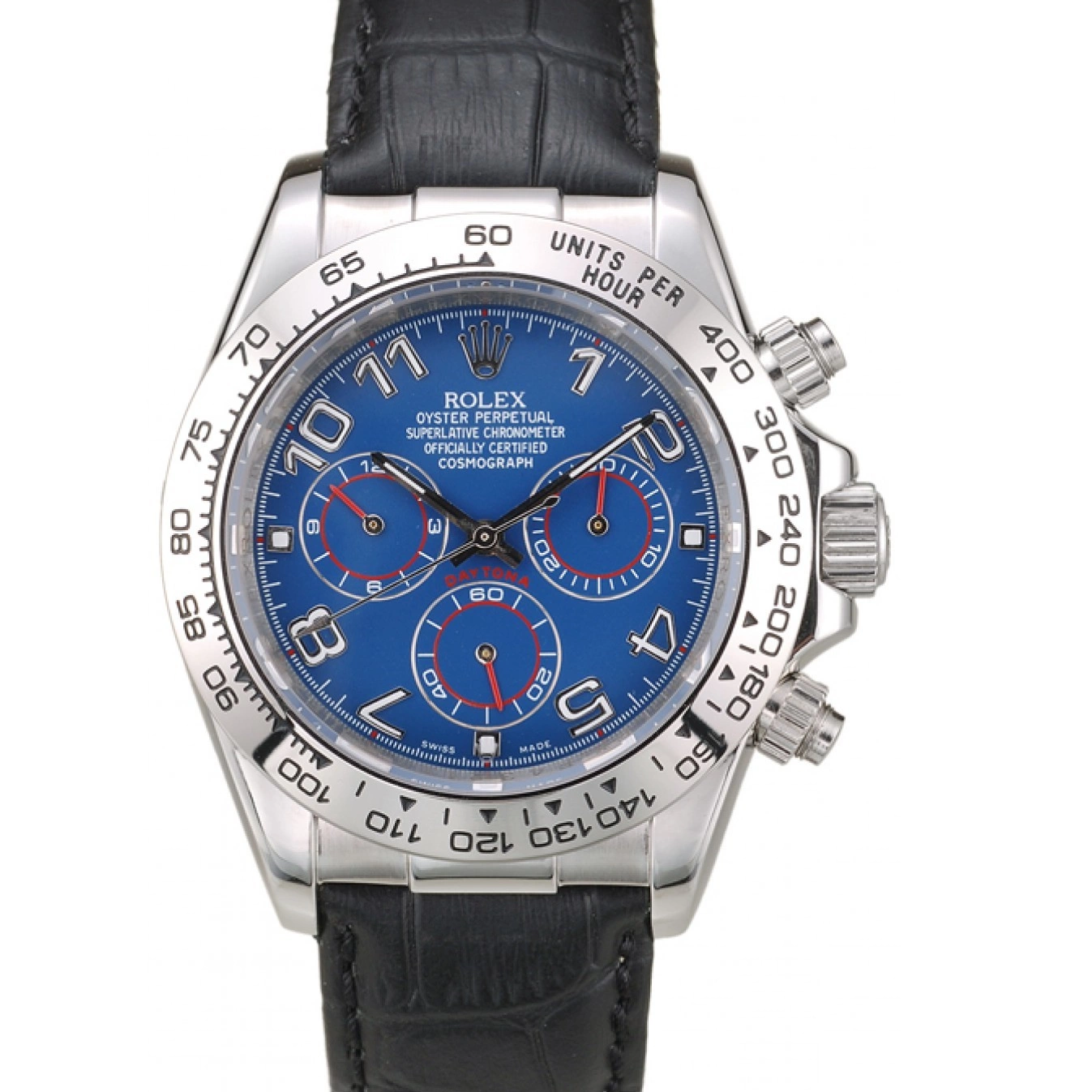 Stainless Blue Rolex Case Steel Black Dial Daytona Strap Leather 0816